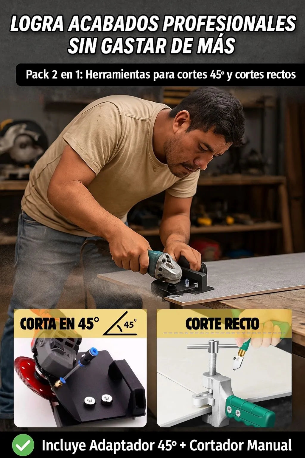 PACK 2 HERRAMIENTAS PARA PORCELANATO CORTE 45° Y CORTE RECTO